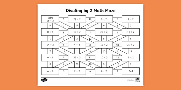 Dividing by 2 Math Maze Worksheet for 3rd-5th Grade - Twinkl