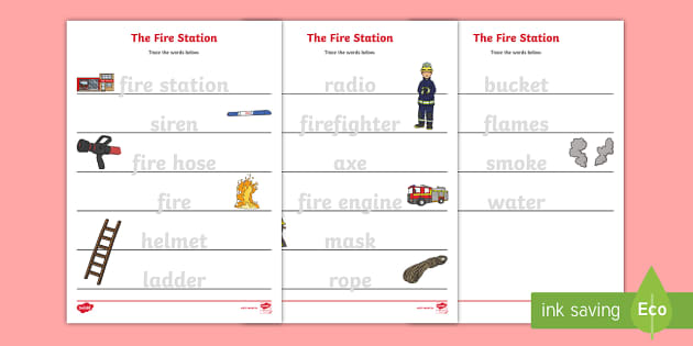 The Fire Station Aistear Trace The Words Worksheet - Twinkl