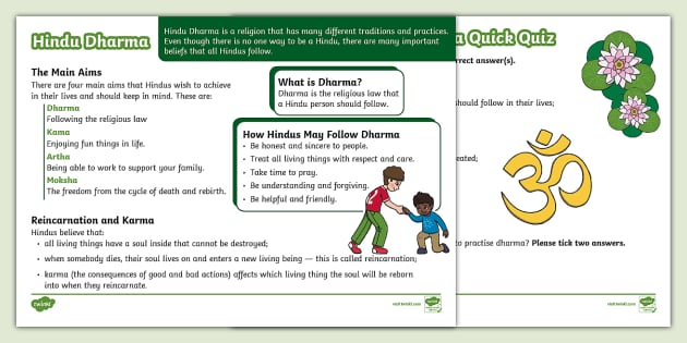 KS1 Hindu Dharma Fact File and Quick Quiz (teacher made)