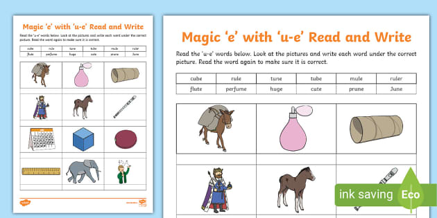 Magic e with 'u-e' Read and Write Worksheet (teacher made)
