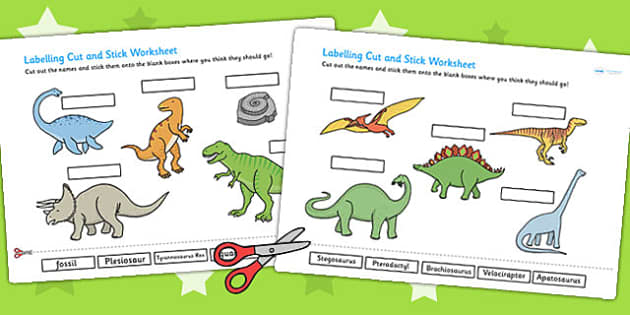 Black and White Dinosaur Scene Labeling Cut and Stick Worksheet