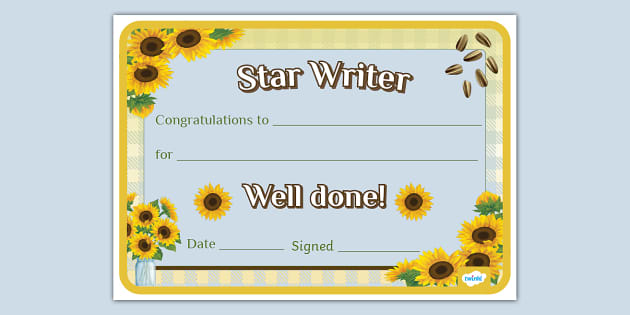 Sunflower-Themed Star Writer Certificate (teacher made)