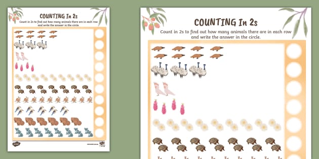 Home Among the Gum Trees Themed Animals Counting in 2s Worksheet