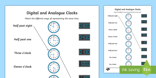 Digital And Analogue Clocks O Clock And Half Past Worksheet