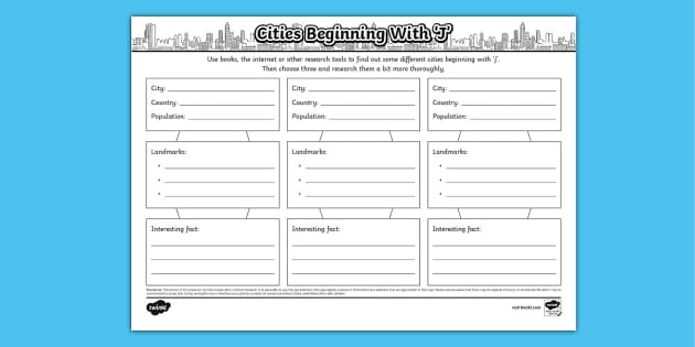 A research activity sheet focused on cities starting with the letter J