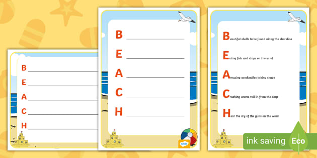 Beach Acrostic Poem Example (teacher made) - Twinkl