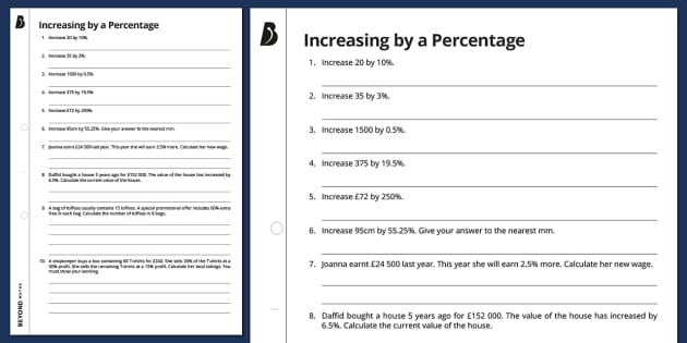 👉 Increasing by a Percentage Worksheet Twinkl