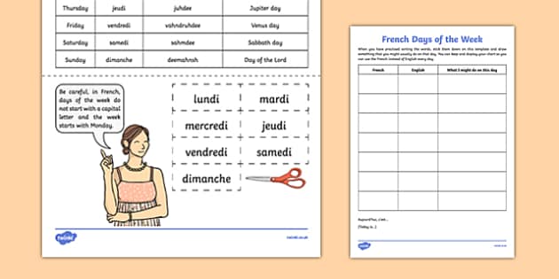 days of the week in french worksheet grades 4 6 resources