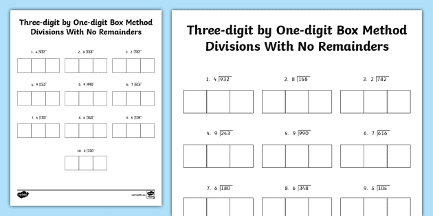 Three-digit by One-digit Box Method Divisions With No Remainders Activity