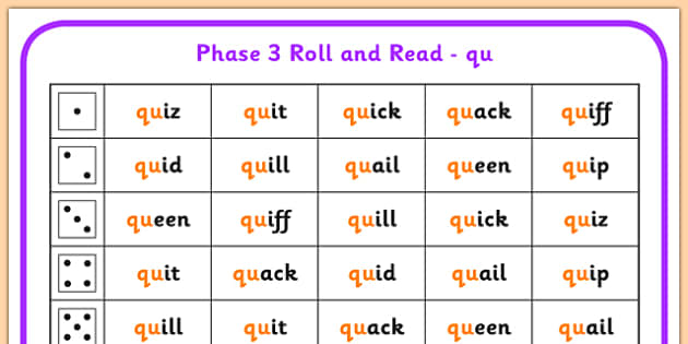 qu worksheets phonics words 3 and phase   3, Phoneme qu read roll, Read Mat Phase Roll