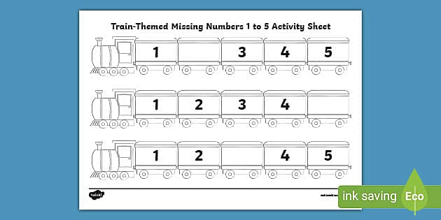 train themed missing numbers 1 to 5 worksheet