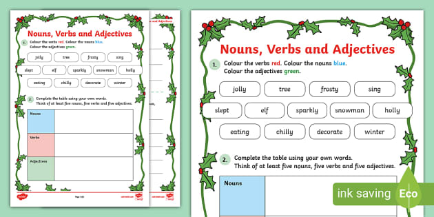 Christmas-Themed Nouns, Verbs and Adjectives Activity Sheet