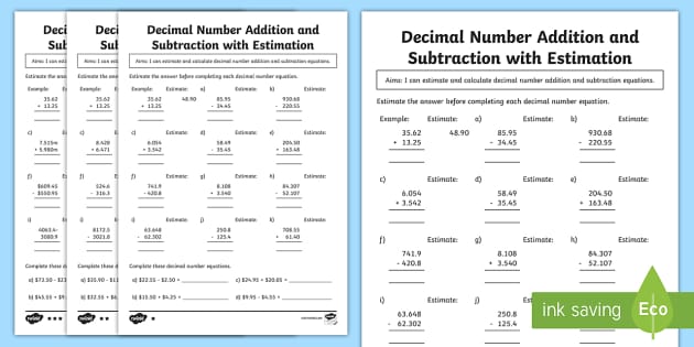 Decimal Number Addition and Subtraction Estimation Worksheet