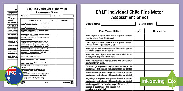 Fine Motor Skills Assessment Individual Checklist | EYLF