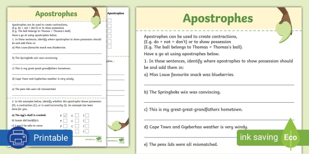 Apostrophes for Possession Worksheet (teacher made) Apostrophes for Possession Worksheet (teacher made)