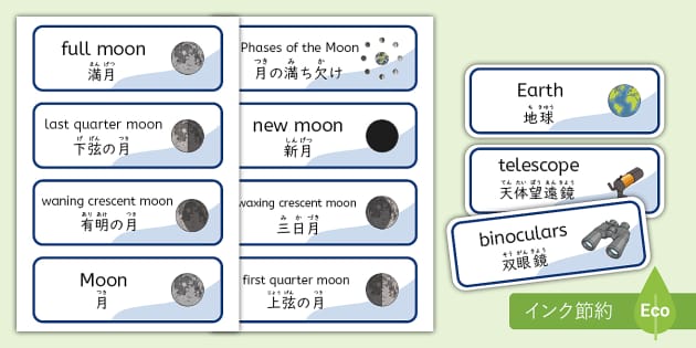 絵も挿入されているカードから月の満ち欠けを日本語と英語で学ぶ。