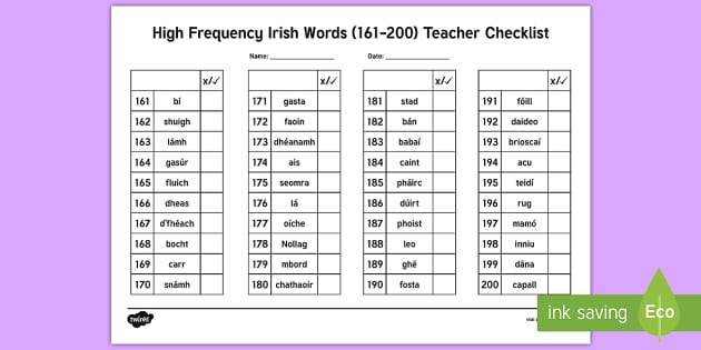 High Frequency Irish Words (161-200) Teacher Checklist Gaeilge