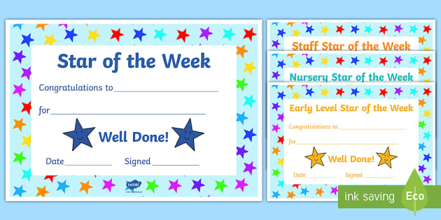 Whole School Star Of The Week Certificates
