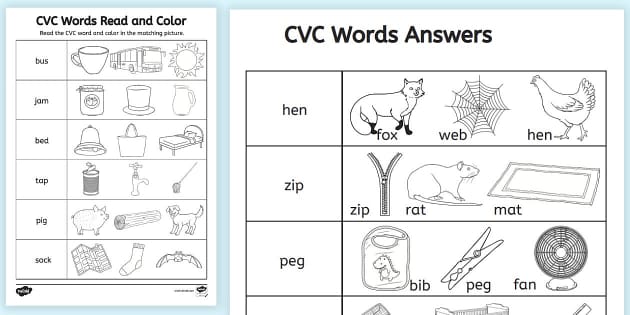 フォニックス答え付き CVC words Read and Color with Answers