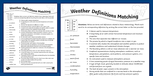 Weather Definitions Matching Worksheet for 6th-8th Grade