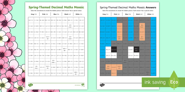 spring themed decimal maths mosaic worksheet teacher made