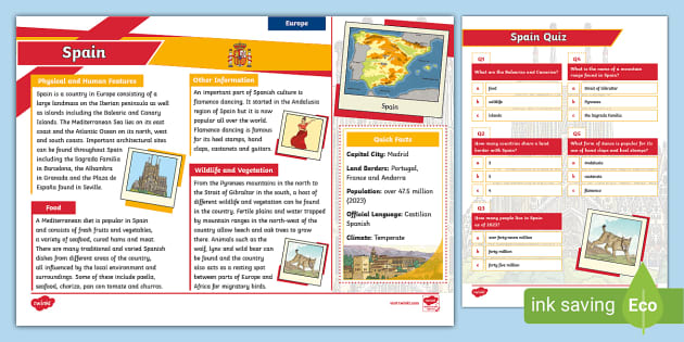 Spain KS2 Fact File And Quiz (teacher Made) - Twinkl