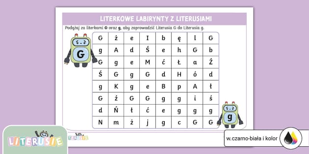 Głoski Litery Sylaby ćwiczenia Online Literuś G | Znajdź wszystkie literki G | Alfabet i litery