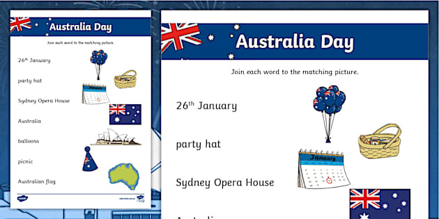 Australia Day Word and Picture Matching Worksheet