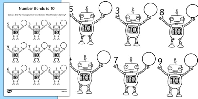 Number Bonds to 10 Robots Worksheet - Maths Resource - Twinkl