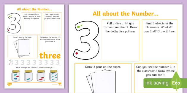 All about the Number 3 Worksheet (teacher made) - Twinkl