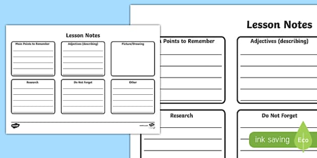 Note Writing Template – Lesson Notes Sheet – KS1