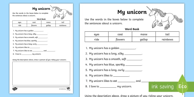 my unicorn cloze worksheet activity sheet pre primary