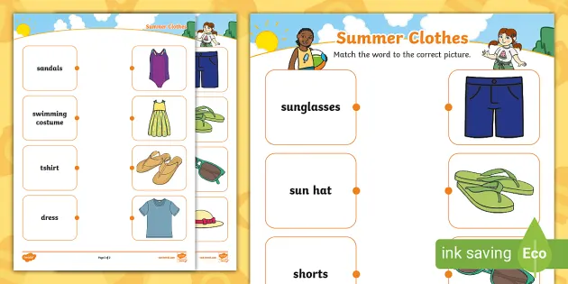 Summer Clothes Matching Worksheet (teacher made) - Twinkl
