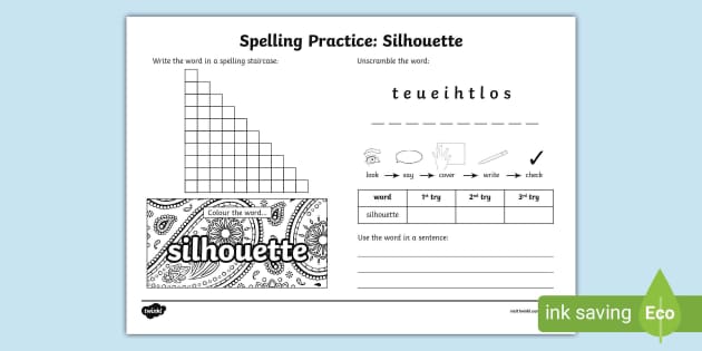 Silhouette Spelling Practice Worksheet (teacher made)