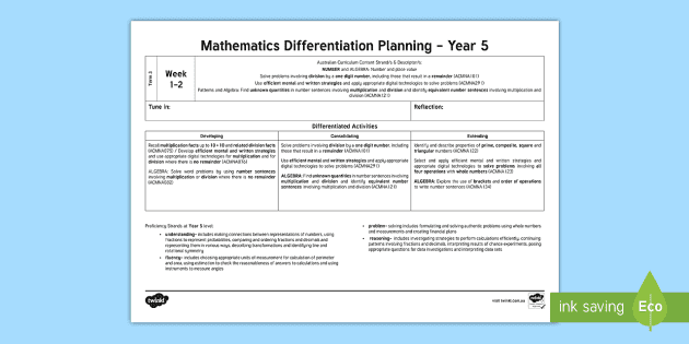 year 5 division and multiplication mathematics differentiated plan
