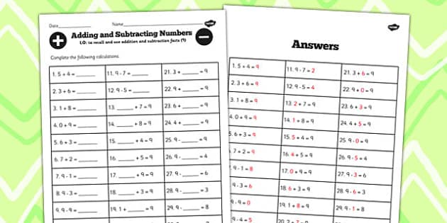 Number Facts to 9 Worksheet (teacher made) - Twinkl