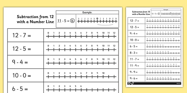 subtraction from 12 with a number line worksheet worksheet