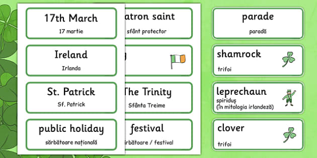 St Patrick's Day Topic Word Cards Romanian Translation