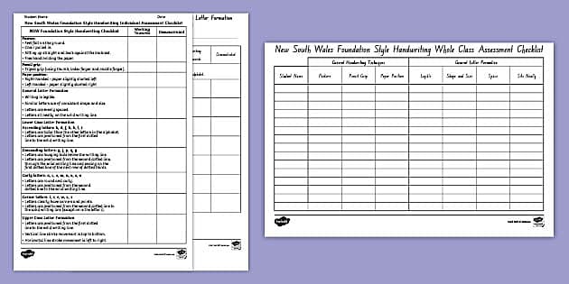 Nsw Foundation Style Handwriting Assessment Pack - Twinkl