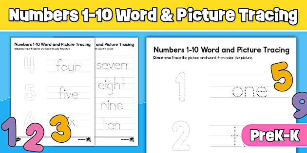 Numbers Sent Numbers 1-10 Word and Picture Tracing Worksheets for PreK-K