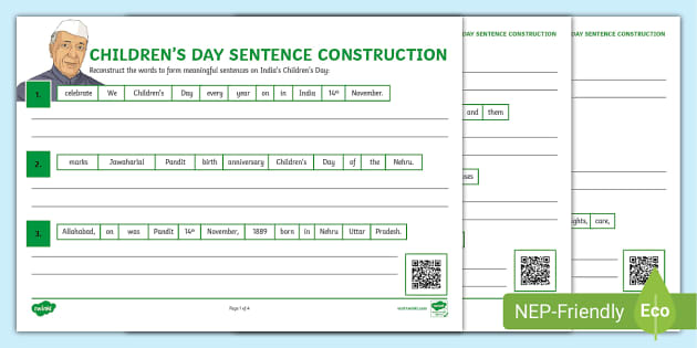 Children's Day Sentence Construction Worksheet - Twinkl