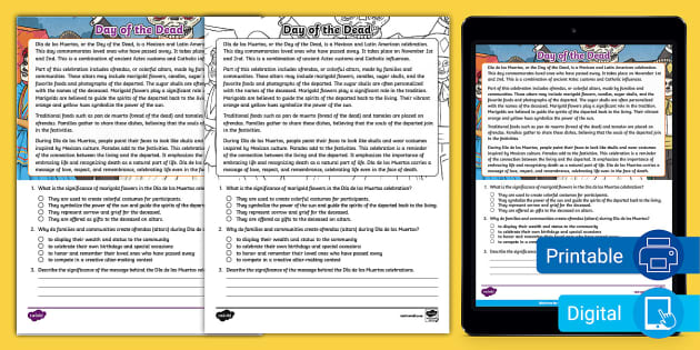 Sixth Grade Day of the Dead Reading Passage Comprehension Activity