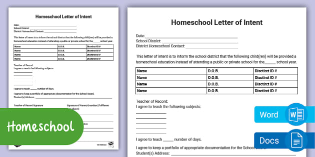 Editable Homeschool Letter of Intent Word & Google Docs