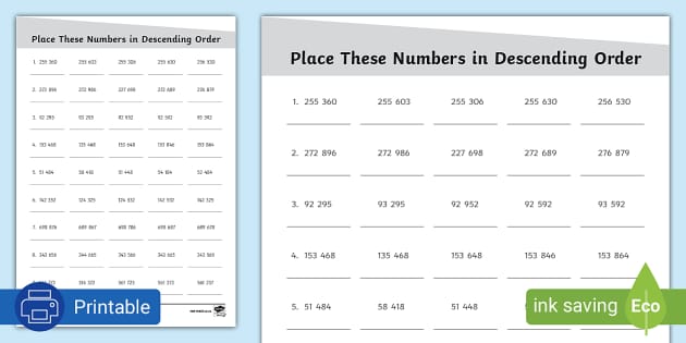 Place These Numbers in Descending Order Activity Sheet