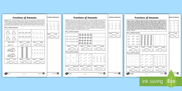 fractions of amounts year 2 differentiated worksheets