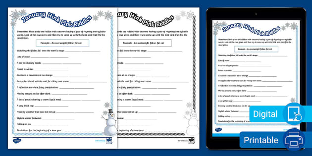 January Hink Pink Riddles Worksheet for 6th-8th Grade