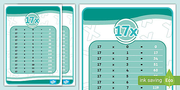 17x Table - Printable Chart for Children - Teaching Resource