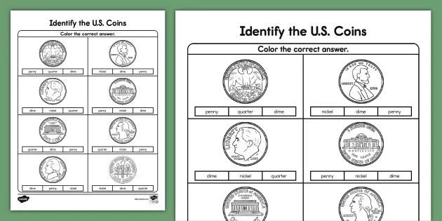 Kindergarten Identify the U.S. Coins Activity Sheet - Twinkl