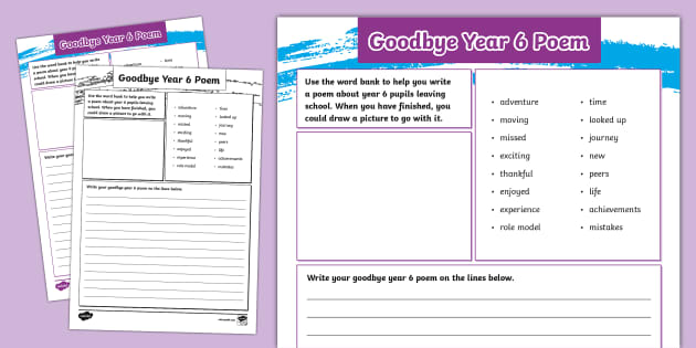 Goodbye Year 6 Poem Writing Template (professor feito)