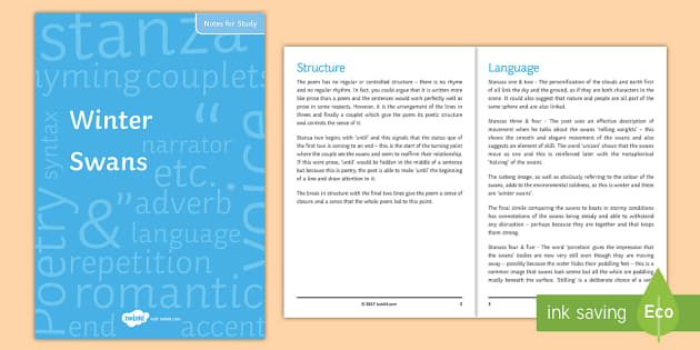 Gcse Winter Swans By Owen Sheers Revision Sheet